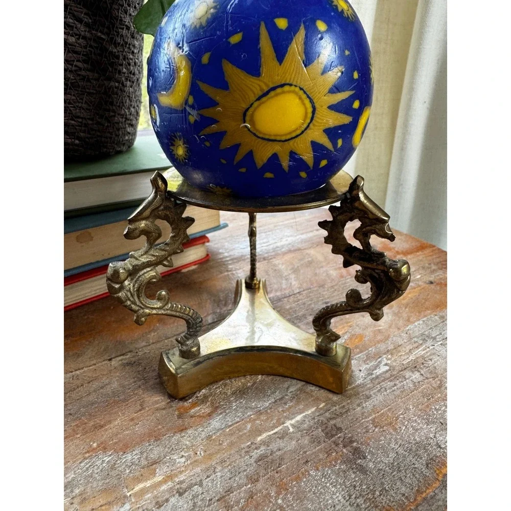 Vintage Brass Dragon Sphere Stand Tripod Crystal Ball Holder Ornate Gold Display